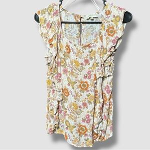 Cynthia Rowley Floral Short Flutter Sleeve Blouse Medium Cream Orange Pink Boho